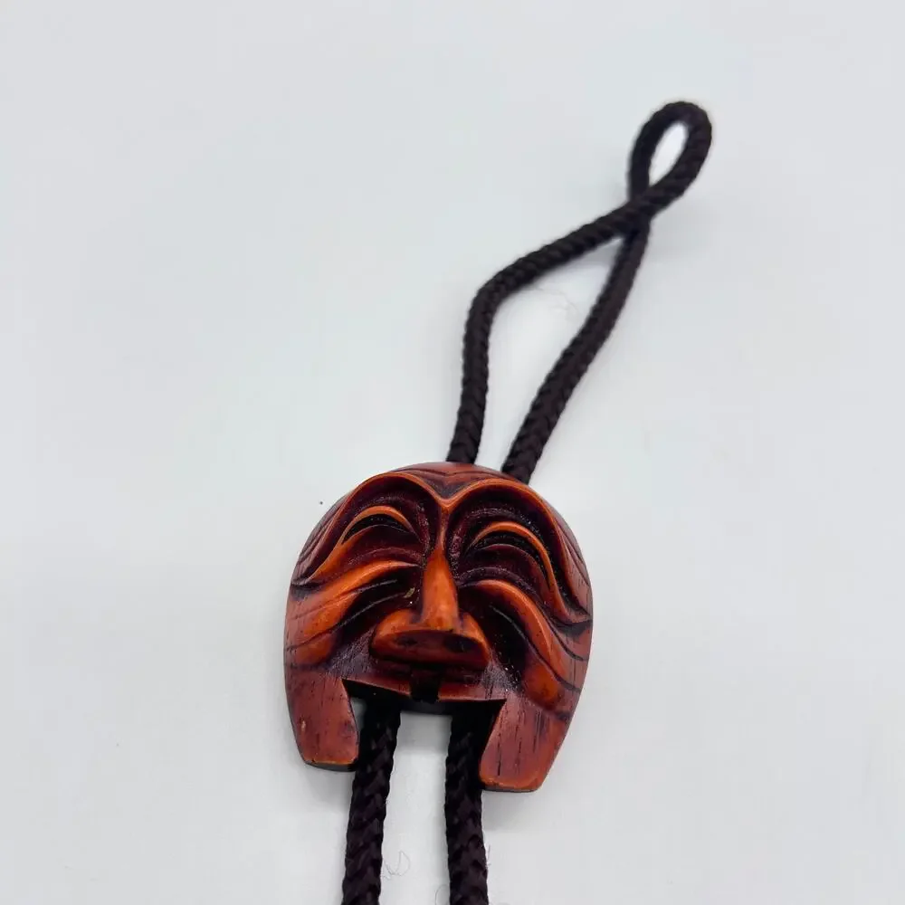 Vintage Korean Carved Wooden Hahoe Mask Bolo Tie Unique Traditional Asian Men's